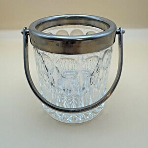Mid‎ Century Cut Glass Mini Ice Bucket Sugar Dish Chrome Rim and Handle 3”